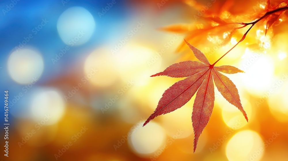 Poster a beautiful leaf resting on a branch displaying vibrant colors of autumn with a soft focus backgroun