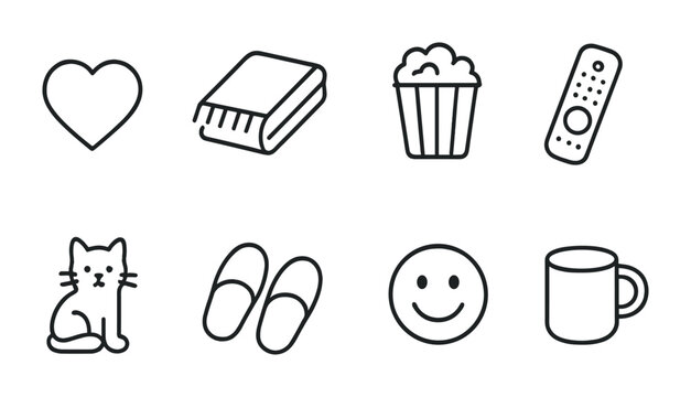 Minimalist line icons of everyday comforts: heart, book, popcorn, remote, cat, slippers, smiley, mug.