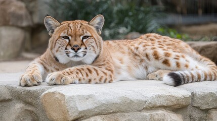 Obraz premium Captivatingandsereneportraitofacentralasianlynxrestingonastonerockshowcasingitsbeautifulmarkingsandpeacefulexpressionintheoutdoorssettingcloseup