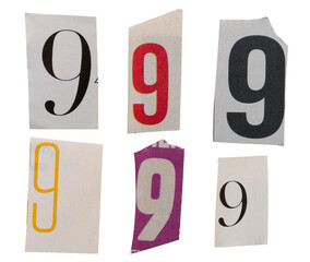 Ransom number font 9 from printout magazine cutout, collage element for graphic design, png isolated on transparent background