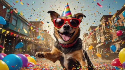 Dog Celebrating with Party Hat and Confetti in Cheerful Street Scene