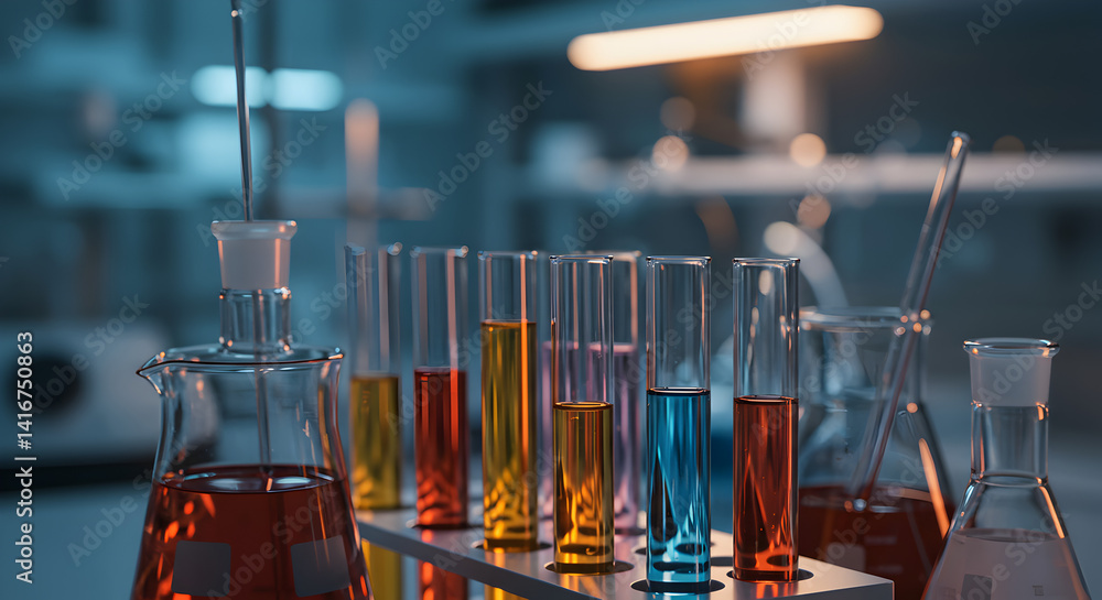 Poster array of glass test tubes with colored liquids in a laboratory setting with blue tones