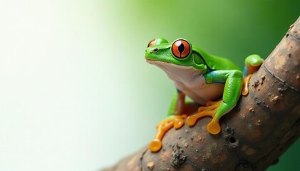 Green tree frog perched on white, vibrant skin, white background, vivid