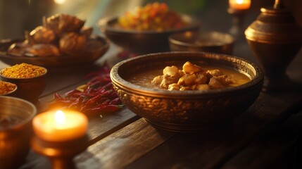 Fototapeta premium Rustic Table Setting with Golden Lighted Stew and Spices