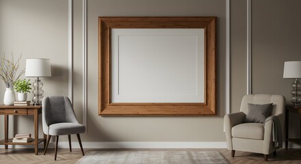 Elegant Living Room Interior Design with Large Wooden Frame Mockup