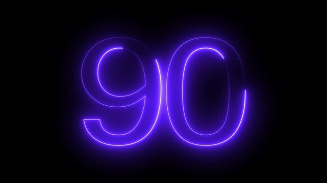 Glowing neon numbers ninety 90 in purple lights on dark background modern