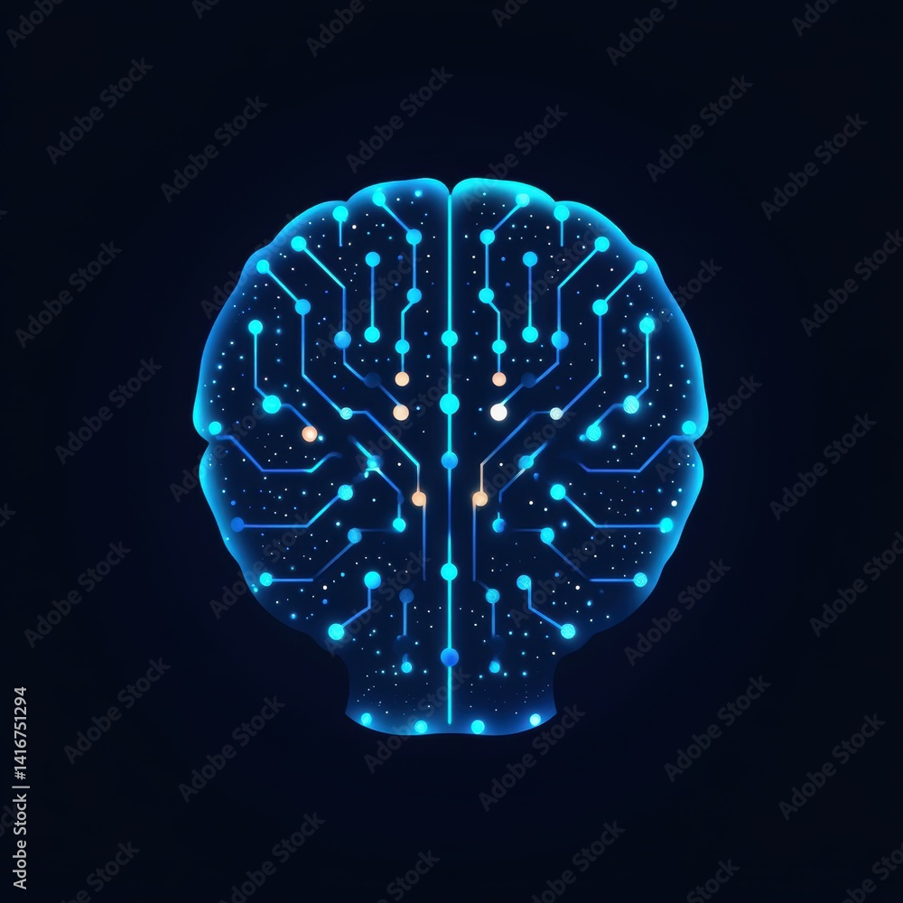 Poster digital brain illustration with glowing circuits on dark background for artificial intelligence conc