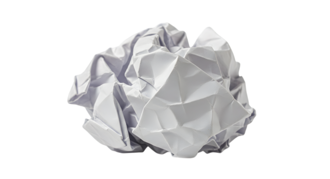 A single crumpled paper ball placed on white background used in frustration, creativity or discarded idea themes in office or art visuals
