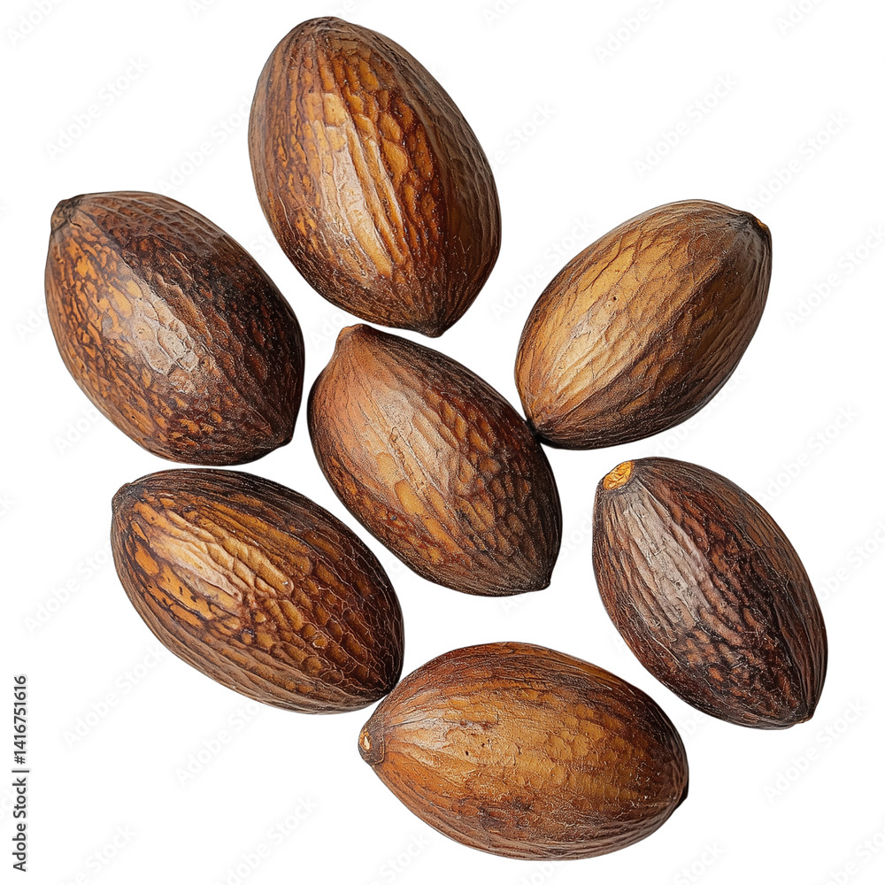 Poster dried maya nuts, with textured shells, highlighting their natural colors and patterns. isolated on w
