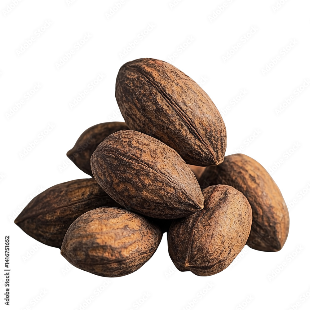 Poster a cluster of assorted maya nuts, showcasing their textured shells and natural colors. isolated on wh