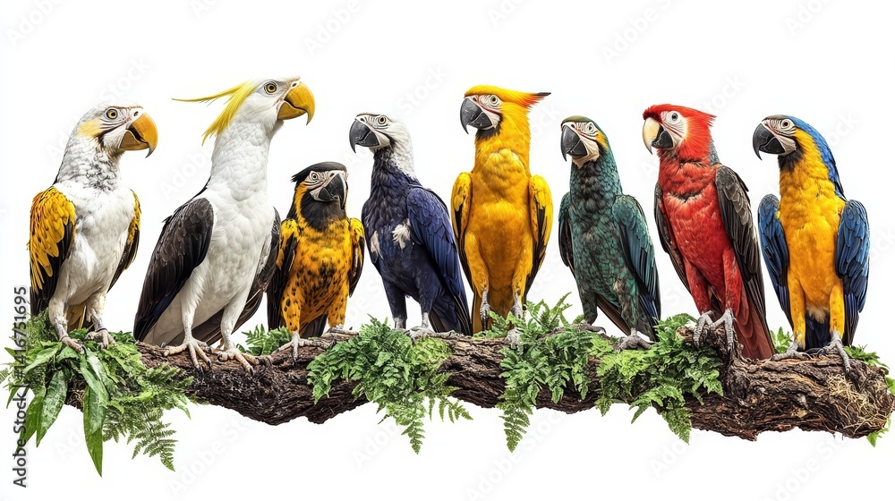 Aufkleber vibrant array of macaws perched branch pixelated avian diversity colorful plumage nature exotic bird