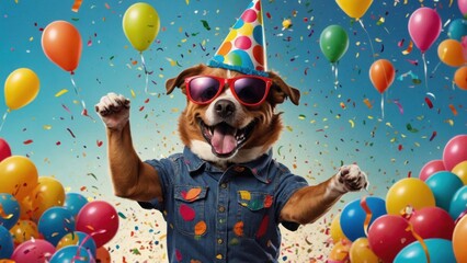 Celebrating Dog Wearing Party Hat and Sunglasses with Balloons and Confetti