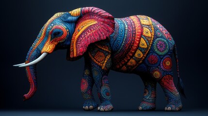 Obraz premium Vibrant elephant artwork featuring intricate multicolored patterns against a dark backdrop capturing attention and sparking curiosity through artistic expression