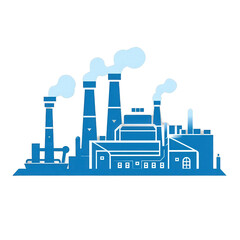 Obraz premium Industrial landscape featuring a blue factory with smokestacks emitting clouds of smoke, set against a clear background, representing manufacturing and pollution , isolated on white or transparent png