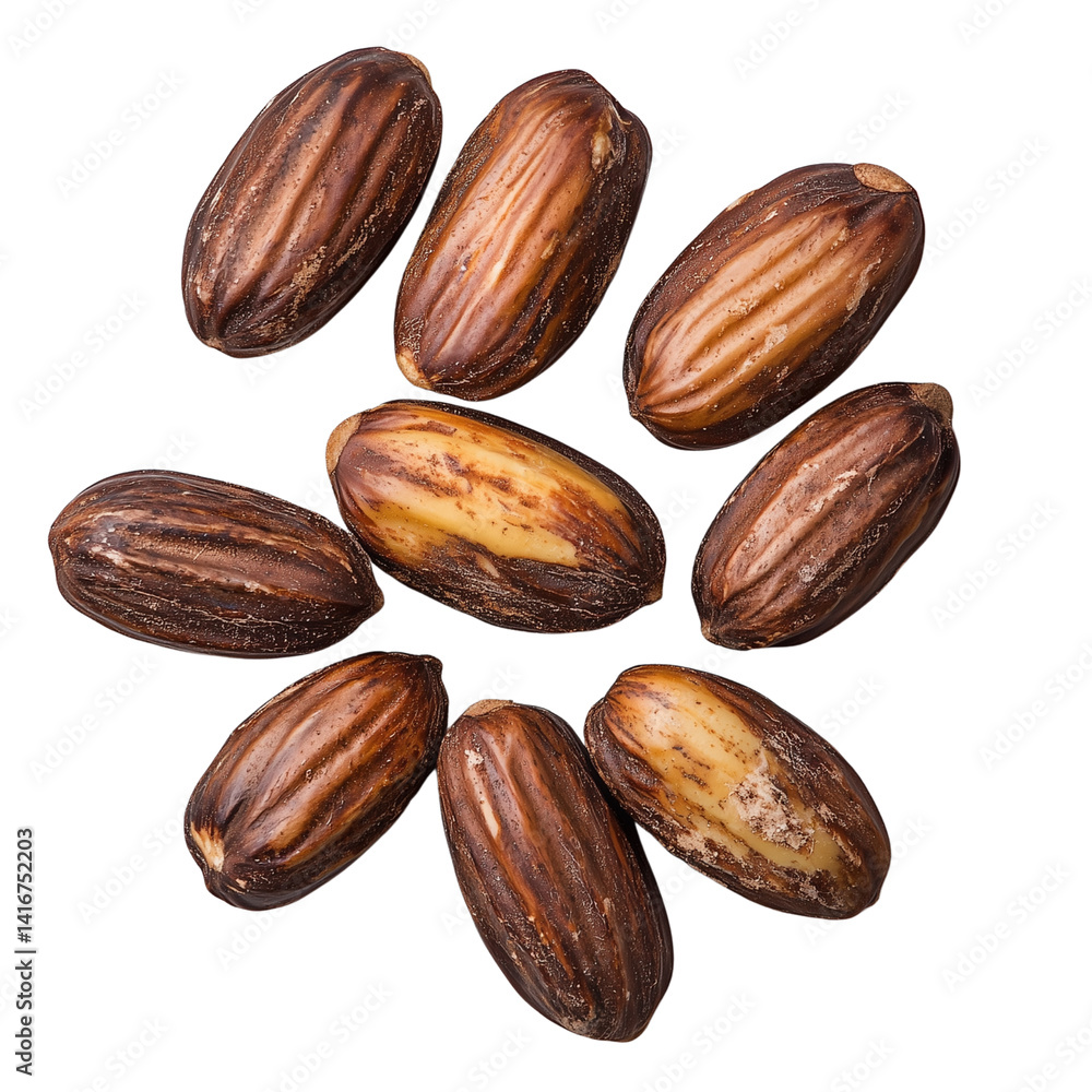 Poster seeds arranged in a circular pattern showcasing their textured brown shells and natural hues. isolat