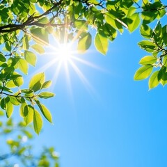Obraz premium Bright green leaves bask in sunlight against a clear blue sky, symbolizing growth and vitality in nature's beauty