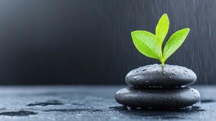 Fresh sprout on stones in rain