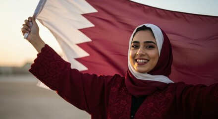 Young woman with hijab and qatar national flag expressing pride in heritage