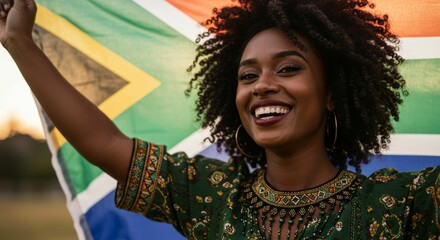 Smiling woman proudly displaying the South African flag outdoors
