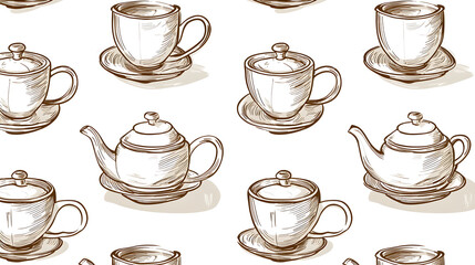 A pattern of cups and saucers with a teapot in the middle. Generated using AI.
