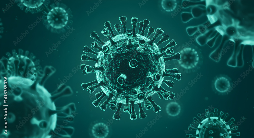 Poster teal colored digital rendering of multiple viruses with spikes and membranes in a microscopic view u