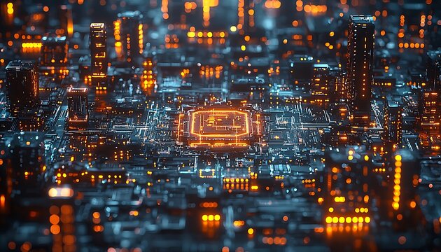 Futuristic city built on a complex circuit board.