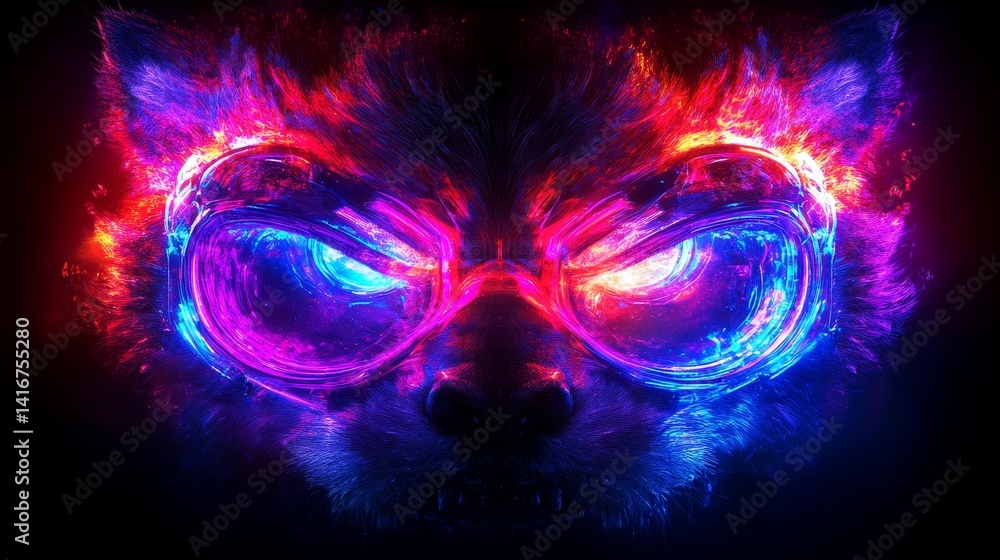 Poster cosmic feline visage rendered in vibrant hues a celestial feline guardian a mesmerizing display of c