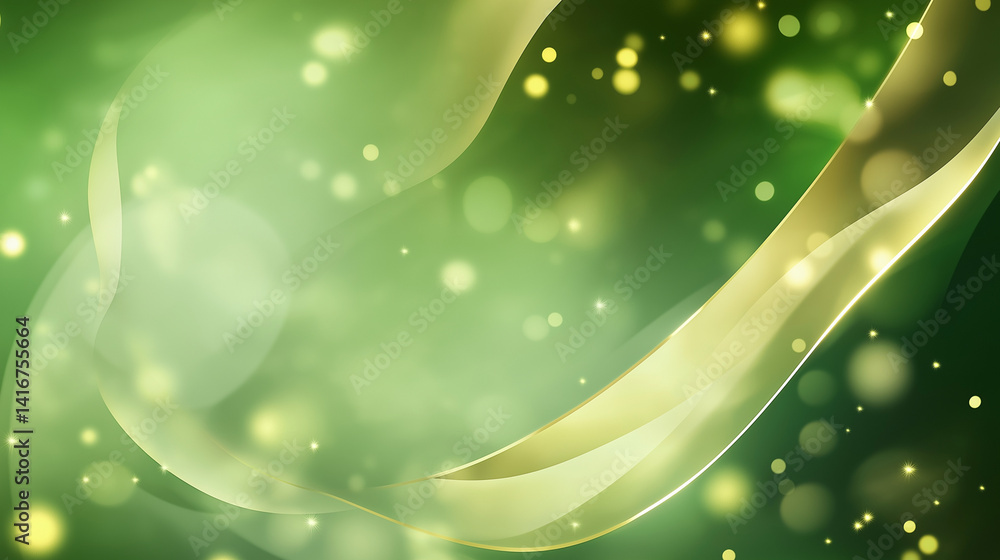 Poster serene green and gold flowing energy, a calming visual journey with soft light and shimmering partic