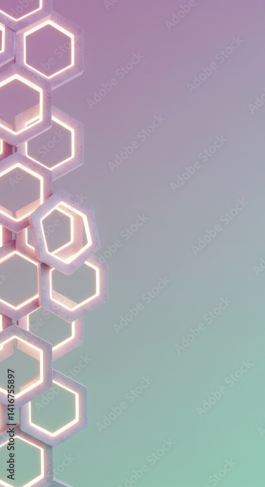 Poster abstract hexagon structure with glowing neon lights against a pastel gradient background: modern min