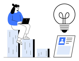 Woman sitting on stacked bar chart using laptop, large lightbulb and ID card nearby. Ideal for productivity, innovation, growth, analytics, technology, career development education themes. Flat