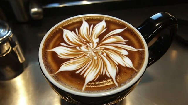 A beautifully crafted latte art resembling a flower in a coffee mug.