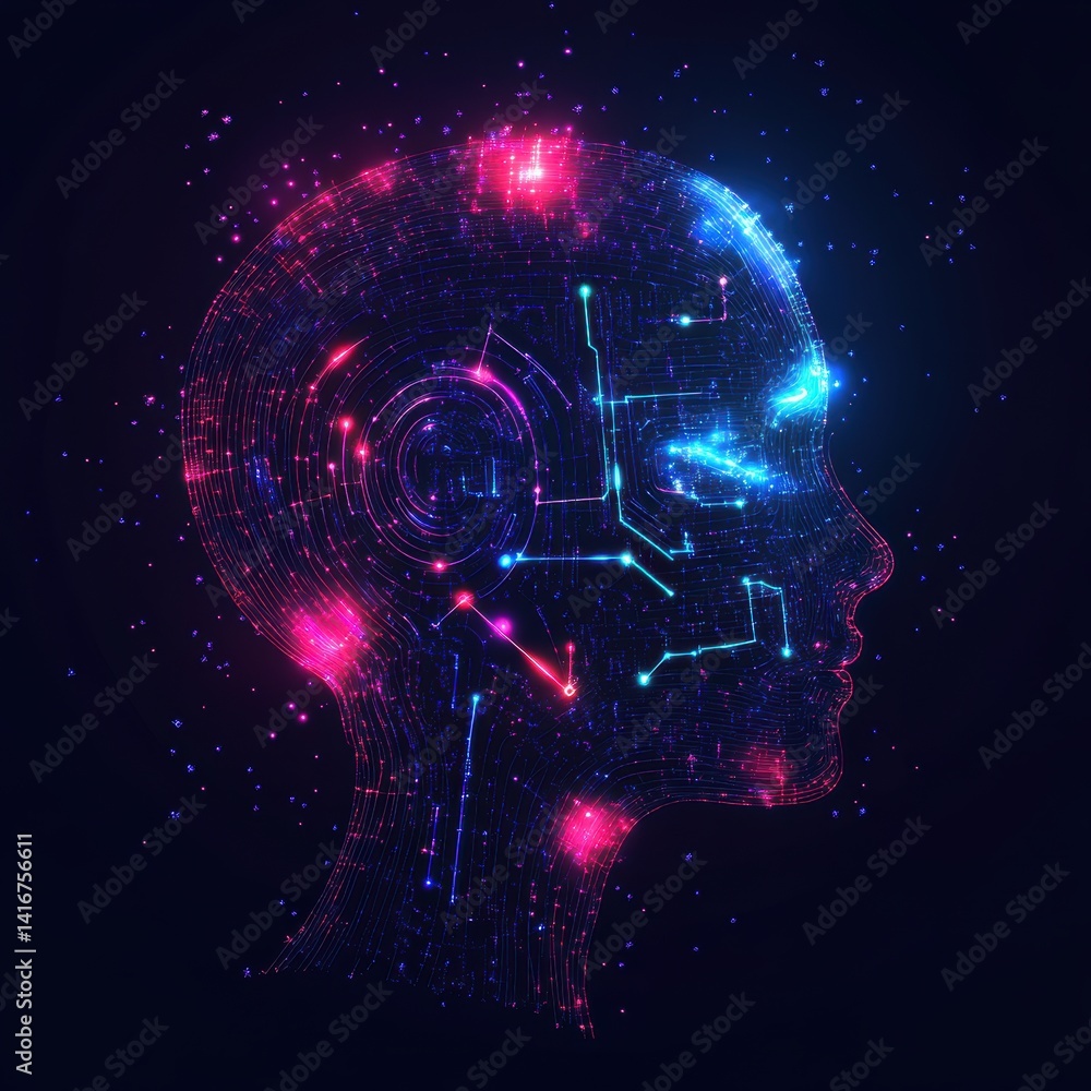 Poster digital human head outline: high-tech glowing circuit design symbolizing artificial intelligence and