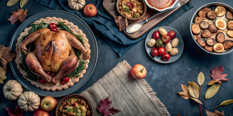 Rustic Thanksgiving Dinner Table with Roast Turkey, Pumpkin Pie, and Autumn Harvest Decor