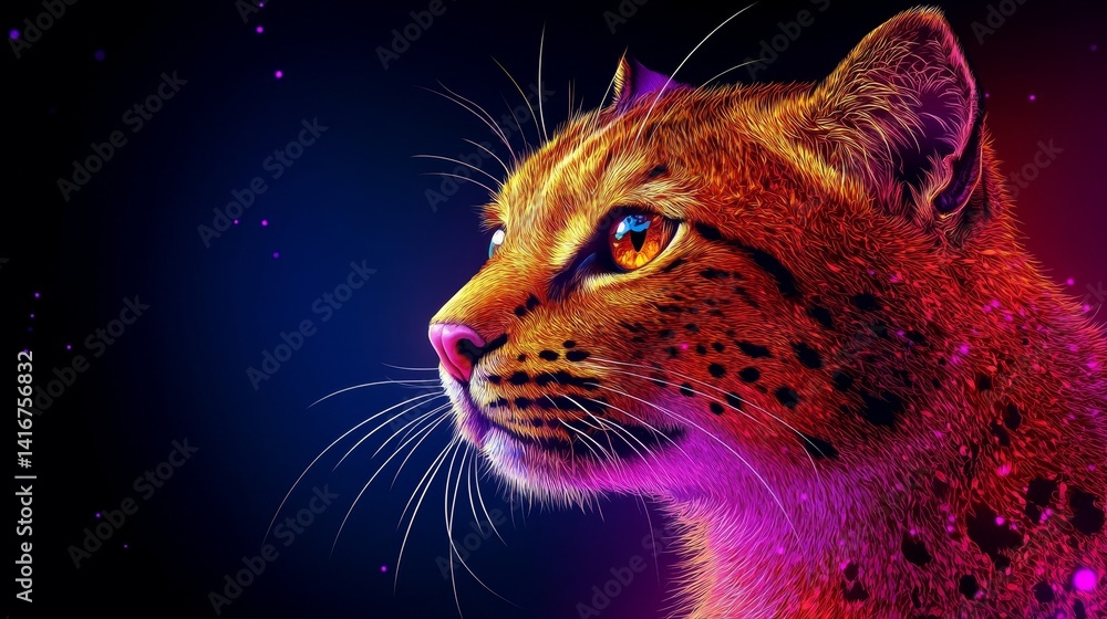 Poster abstract feline illustration with luminous particles against a gradient backdrop conveying mystery a