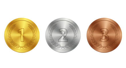 Three metallic coins in gold, silver and bronze placed in a row on white background showing first, second and third positions in games or competitions