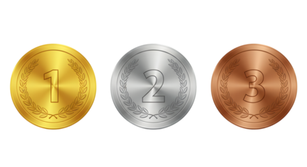 Three metallic coins in gold, silver and bronze placed in a row on white background showing first, second and third positions in games or competitions