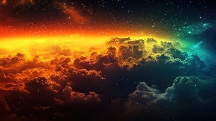 Obraz premium A sky with fiery orange and cooler blue hues, filled with clouds, against a starry expanse