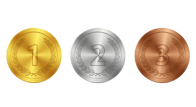 Three metallic coins in gold, silver and bronze placed in a row on white background showing first, second and third positions in games or competitions