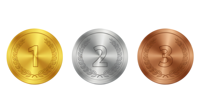 Three metallic coins in gold, silver and bronze placed in a row on white background showing first, second and third positions in games or competitions