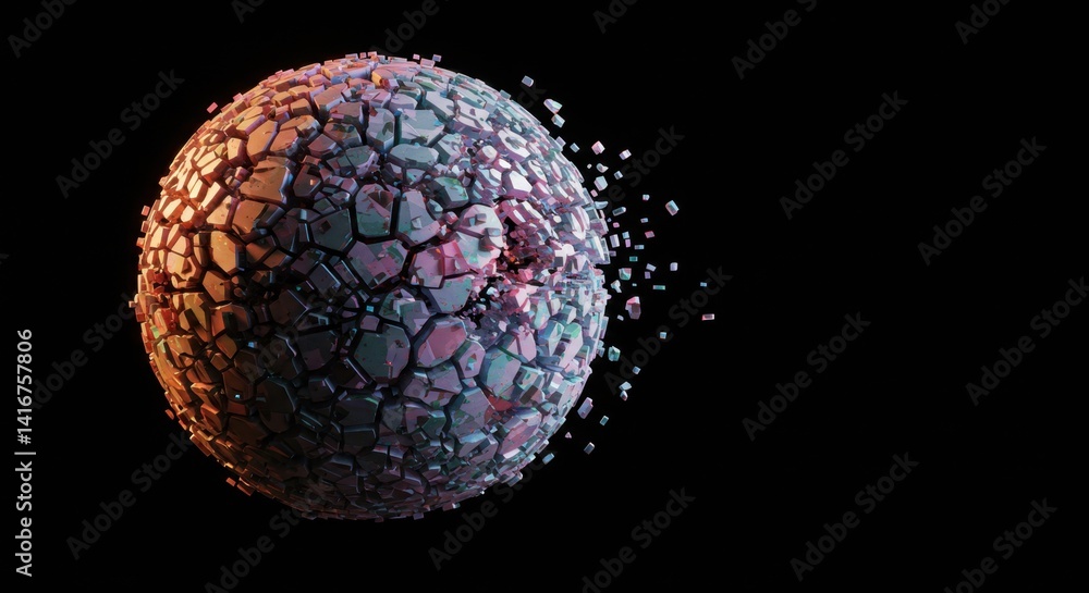 Poster crumbling celestial sphere: a 3d render of a fractured planet disintegrating into space