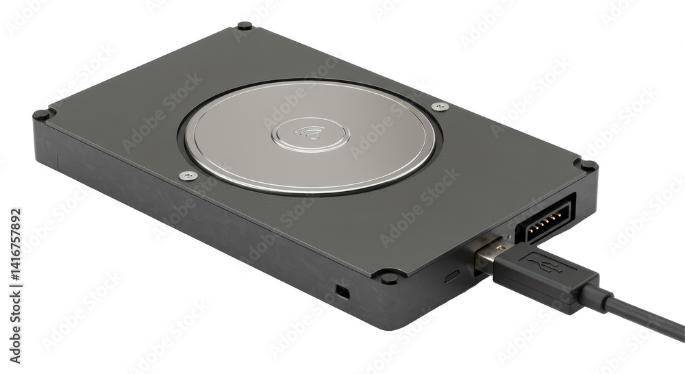 Poster isolated external hard drive with usb cable connected for data storage