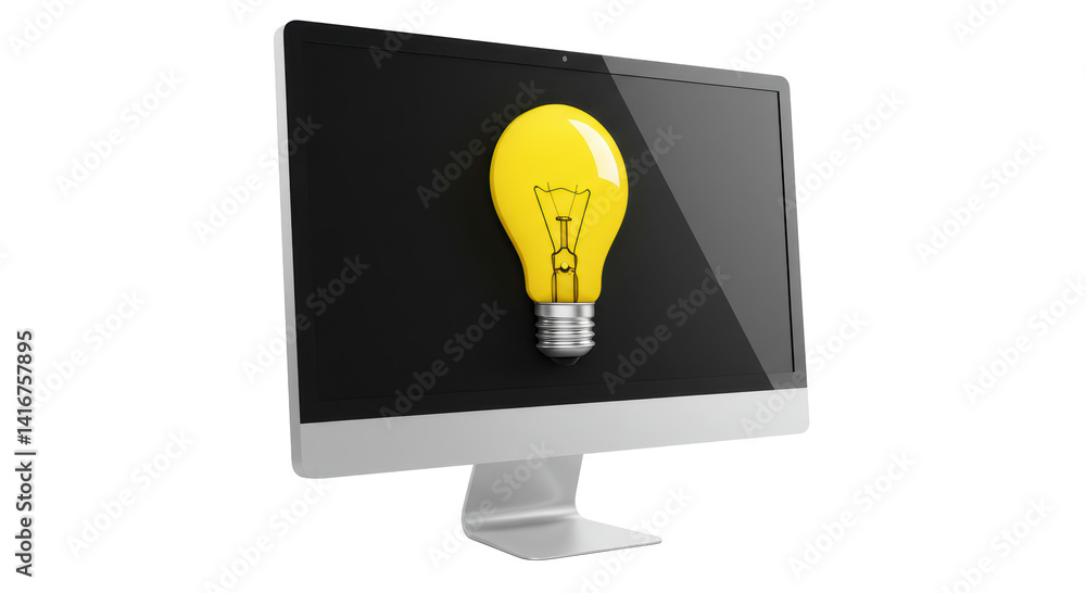 Poster isolated computer screen displaying glowing light bulb for idea