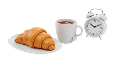 Isolated Breakfast Still Life with Croissant Tea and Alarm Clock