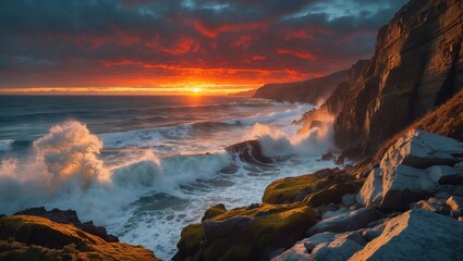 Fototapeta premium Ocean wave crashing on rocky coast at sunset