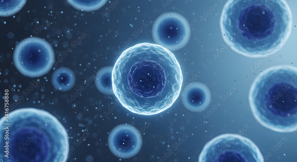 Aufkleber microscopic view of blue cell structures floating in a dark fluid background