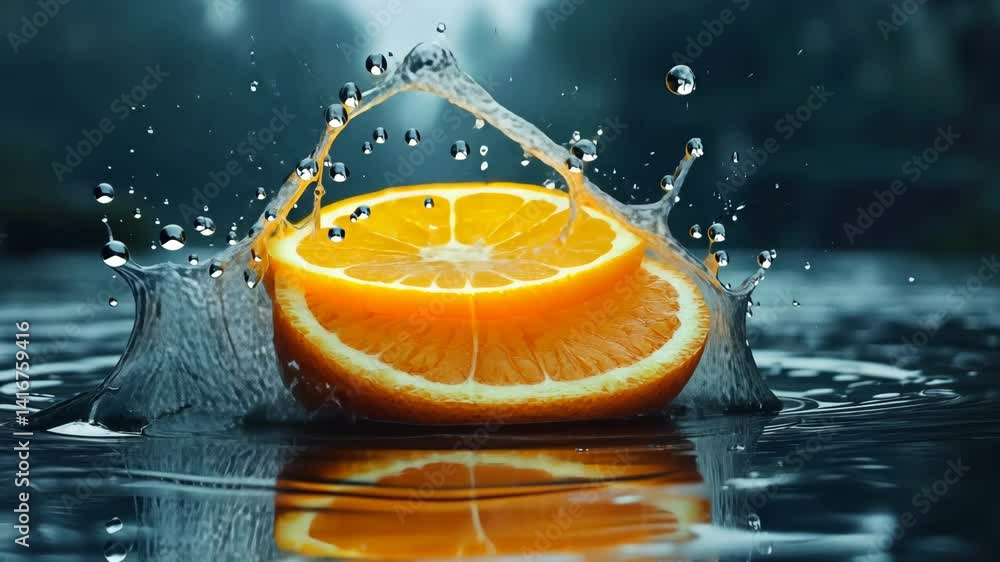 Poster Orange slice splashing into water, creating vibrant droplets.