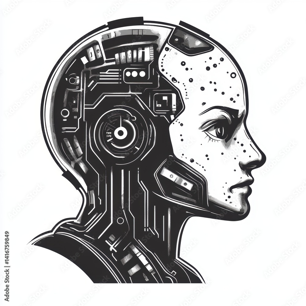 Poster futuristic ai robot head in profile with detailed circuitry and bionic skin