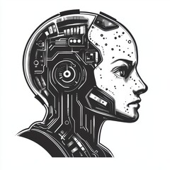 Futuristic AI Robot Head in Profile with Detailed Circuitry and Bionic Skin