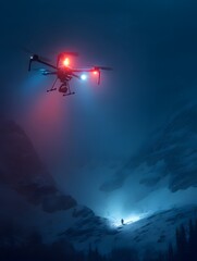 Naklejka premium Search and Rescue Drone Operating in Snowstorm at Night Over Mountain Valley – Emergency Technology