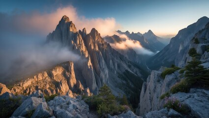 Obraz premium Mountain Peaks at Sunrise with Fog Panorama